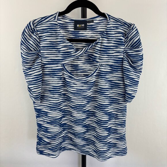 Maeve by Anthropologie Blue and White Striped Textured Top Puff Sleeves Size XL - Picture 1 of 5